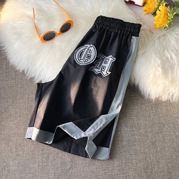 Oversized Basketball Letter Striped Shorts NS661