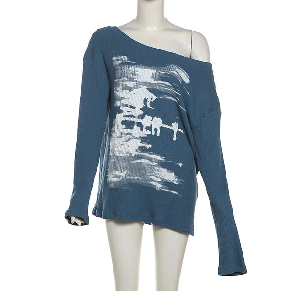 Ink-Wash Print Off-Shoulder Long Sleeve Top NS2282