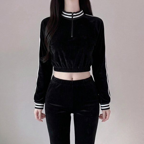 Korean Quarter-Zip Crop Striped Long Sleeve Jacket NS583