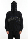 Full-Face Zip Rhinestone Cross Graphic Oversized Hoodie NS471