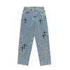 Black Cross Design Straight Baggy Blue Jeans NS715