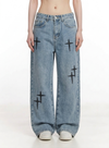 Black Cross Design Straight Baggy Blue Jeans NS715