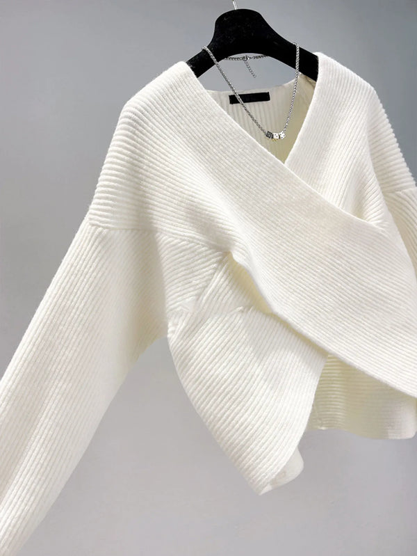 Korean Off-Shoulder Wrap Ribbed Knit Sweater NS632