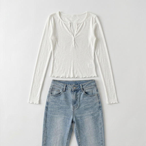Korean Ribbed Henley Crop Top NS616