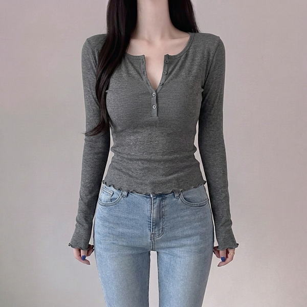 Korean Ribbed Henley Crop Top NS616