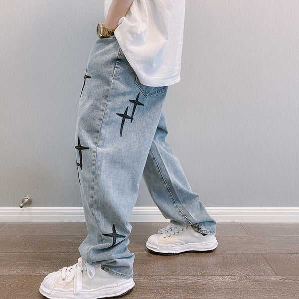 Black Cross Design Straight Baggy Blue Jeans NS715