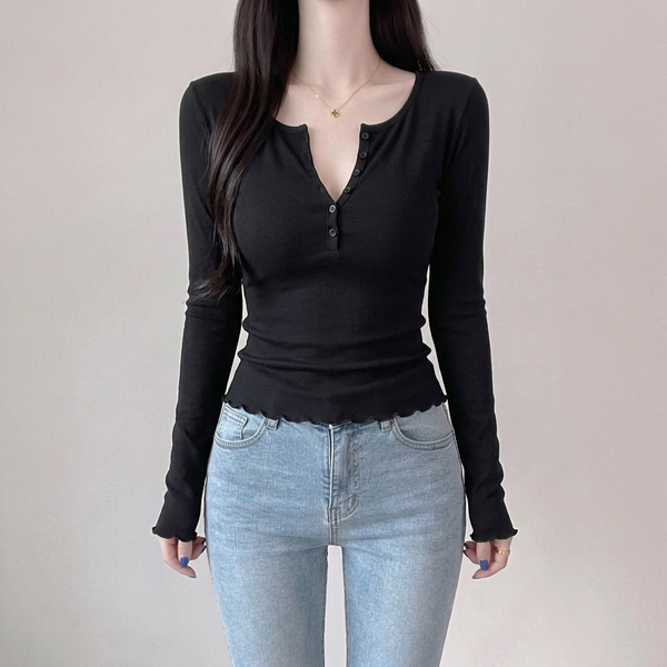 Korean Ribbed Henley Crop Top NS616