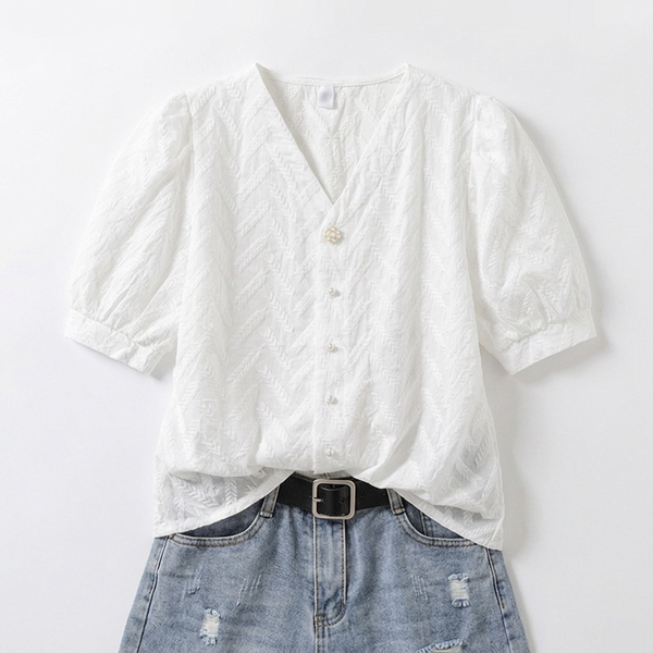 Korean Embroidered Puff Sleeve Cotton Blouse NS615