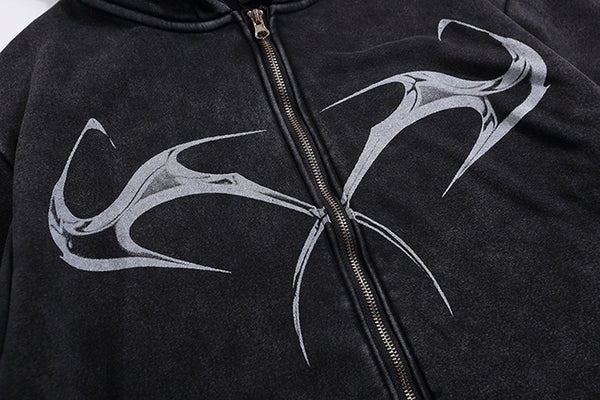 Graphic Black Washed Oversized Zip-up Hoodie NS620