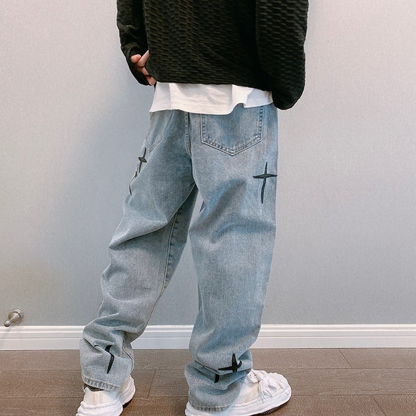 Black Cross Design Straight Baggy Blue Jeans NS715