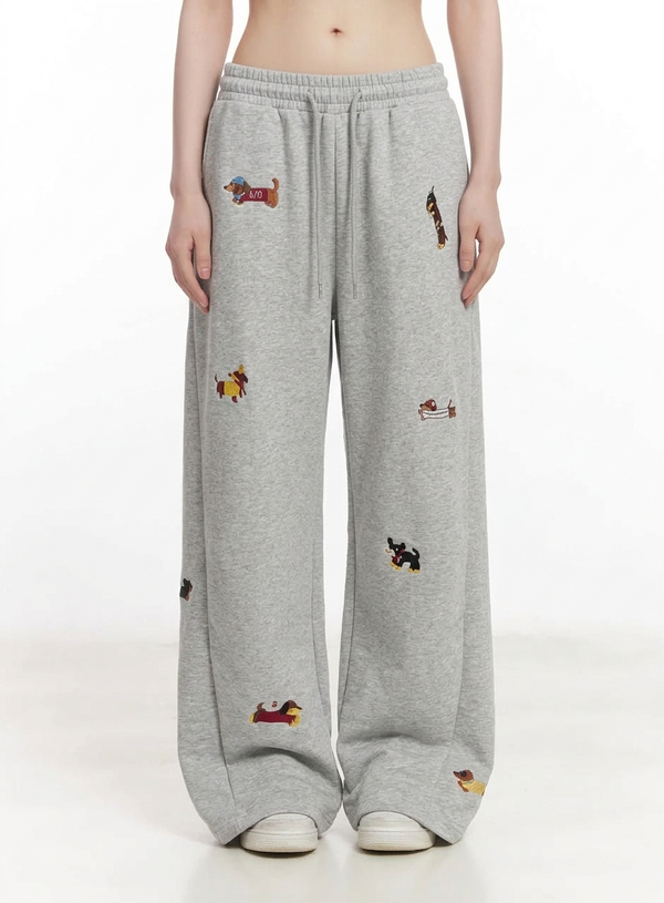 Dog Embroidered Loose Straight Sweatpants NS339