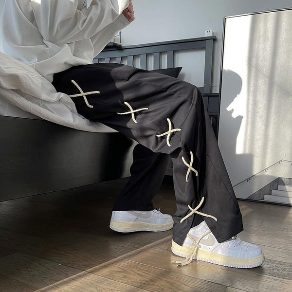 Vintage Black Drawstring Baggy Straight Pants NS557