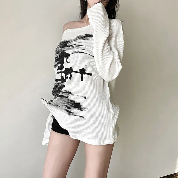 Ink-Wash Print Off-Shoulder Long Sleeve Top NS2282