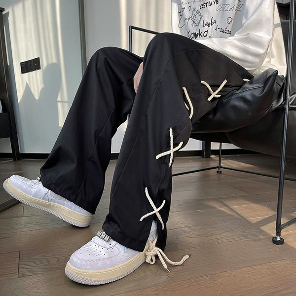 Vintage Black Drawstring Baggy Straight Pants NS557