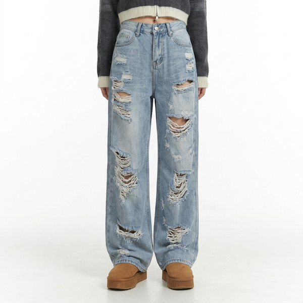 High Waist Ripped Distressed Straight Leg Jeans NS612