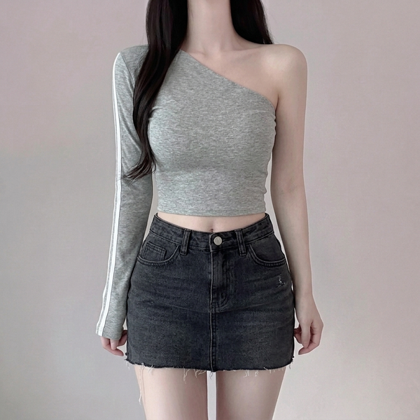 Korean Off-Shoulder Slim Crop Striped Long Sleeve Top NS302