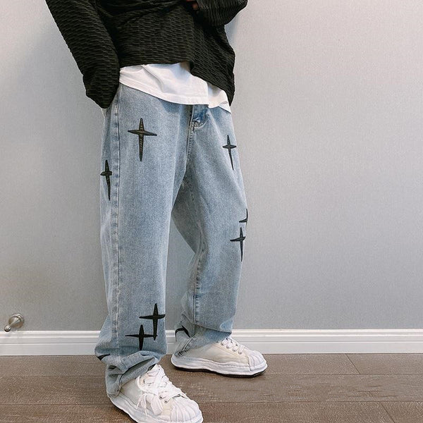 Black Cross Design Straight Baggy Blue Jeans NS715