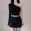 Korean Off-Shoulder Slim Crop Striped Long Sleeve Top NS302
