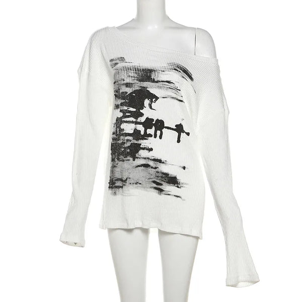 Ink-Wash Print Off-Shoulder Long Sleeve Top NS2282