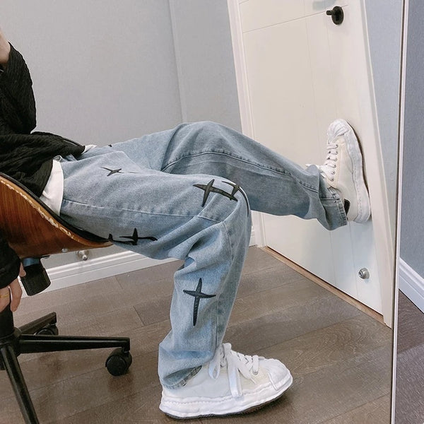 Black Cross Design Straight Baggy Blue Jeans NS715