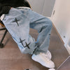 Black Cross Design Straight Baggy Blue Jeans NS715