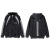 Black striped panel zip-up hoodie shown from front and back
