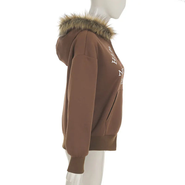 K-Fashion Fur Varsity Graphic Zip-Up Hoodie NS2298