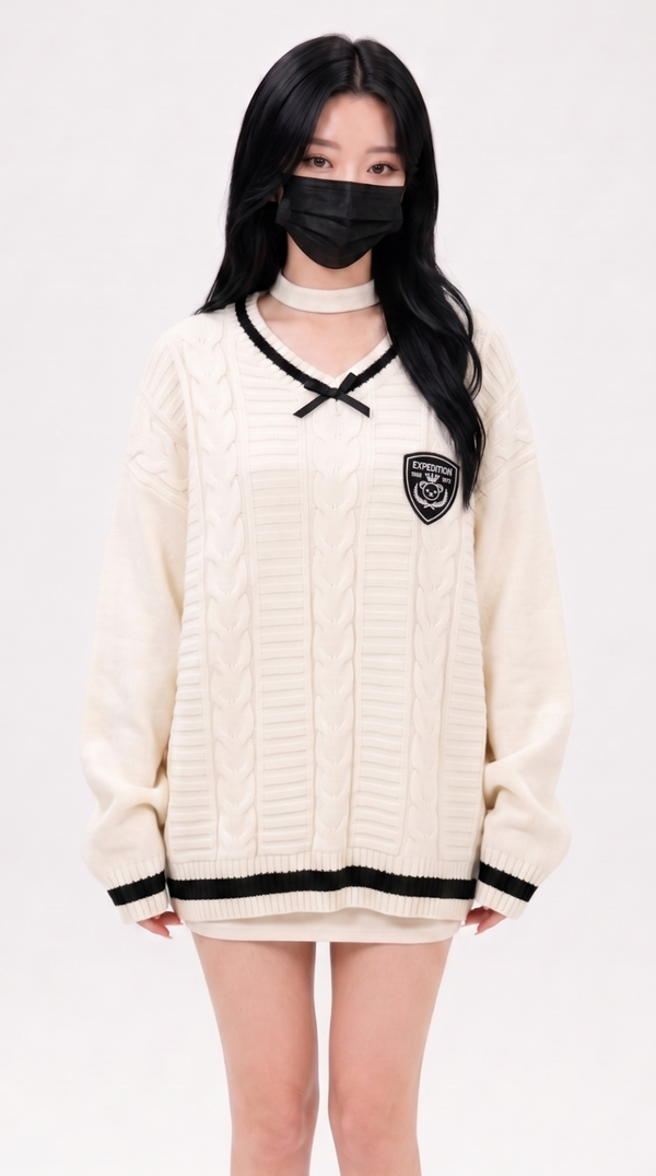 Korean Uniform Patch V-Neck Oversized Knit Sweater NS284