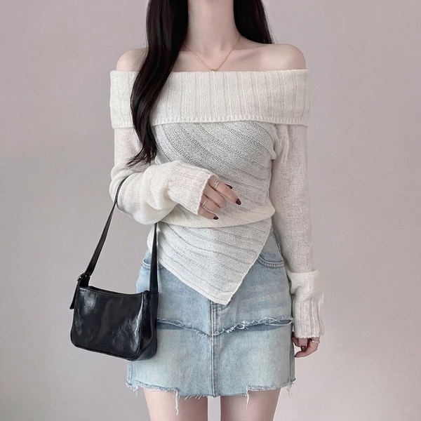 Korean Off-Shoulder Fluffy Knit Cardigan Sweater NS268