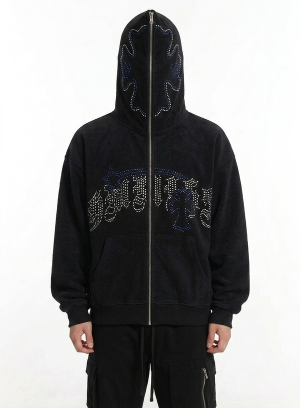 Full-Face Zip Rhinestone Cross Graphic Oversized Hoodie NS471