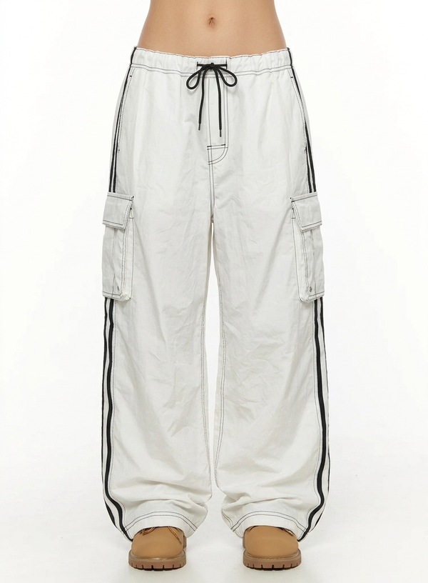 Contrast Elastic Waist Striped Cargo Sweatpants NS617
