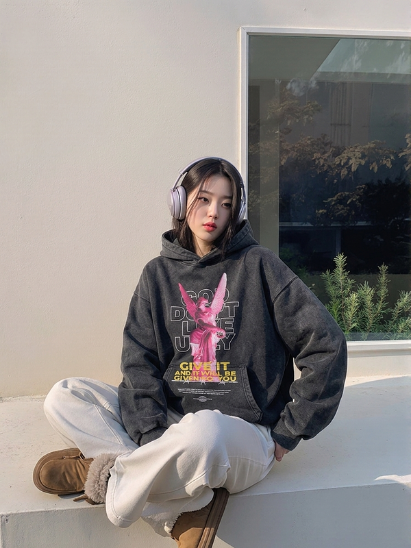 Statue Figure Washed Graphic Oversized Pullover Hoodie NS627