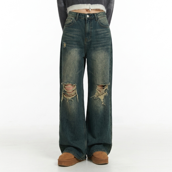 Retro Washed Distressed Women Straight Leg Jeans NS534