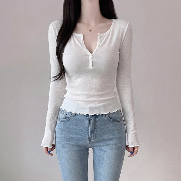 Korean Ribbed Henley Crop Top NS616