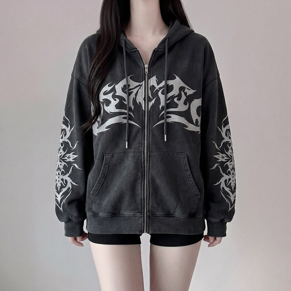 Flame Web Gothic Zip-Up Oversized Hoodie NS356