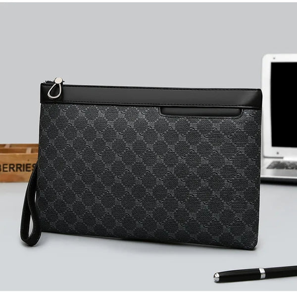 Black checkered clutch bag with zip-top closure, wrist strap, and smooth top trim