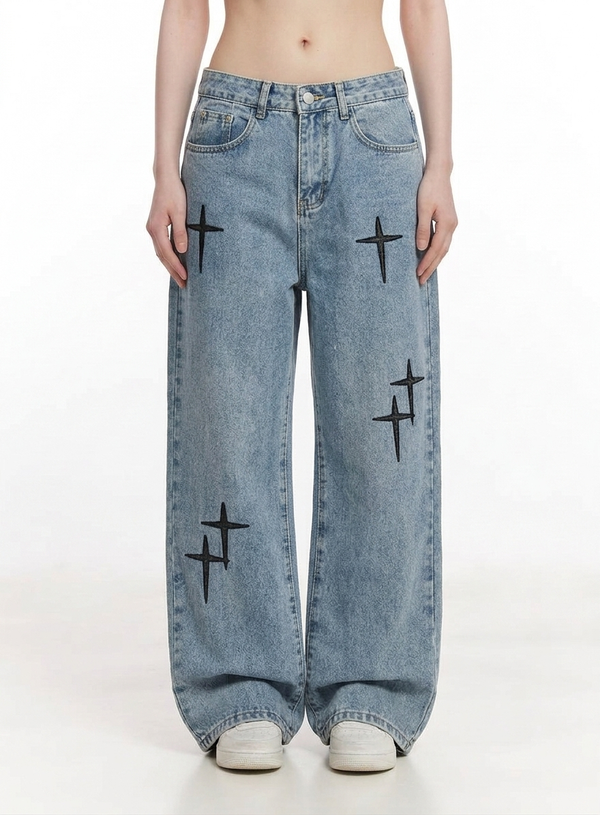 Black Cross Design Straight Baggy Blue Jeans NS715