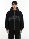 Full-Face Zip Rhinestone Cross Graphic Oversized Hoodie NS471