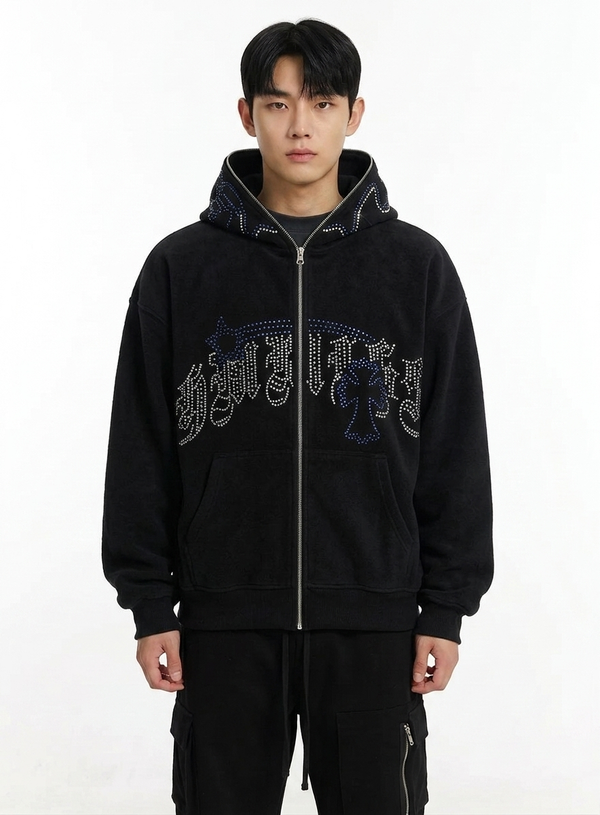 Full-Face Zip Rhinestone Cross Graphic Oversized Hoodie NS471