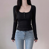 Korean Ribbed Square-Neck Button Long Sleeve Top NS617