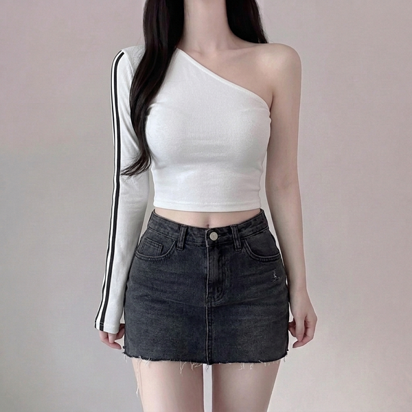 Korean Off-Shoulder Slim Crop Striped Long Sleeve Top NS302