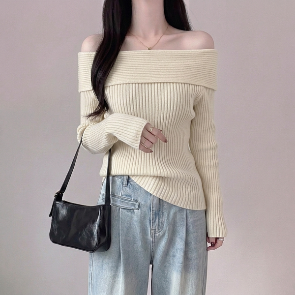 Korean Off-Shoulder Draped Cotton Sweater Top NS622