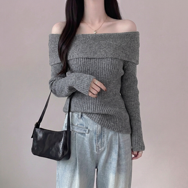 Korean Off-Shoulder Draped Cotton Sweater Top NS622