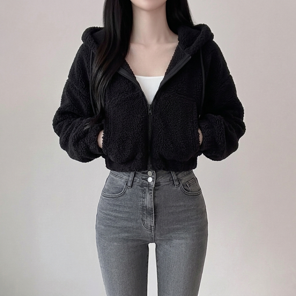 Korean Crop Zip-Up Wool Hoodie NS345
