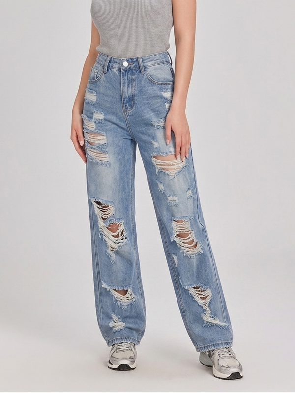 High Waist Ripped Distressed Straight Leg Jeans NS612
