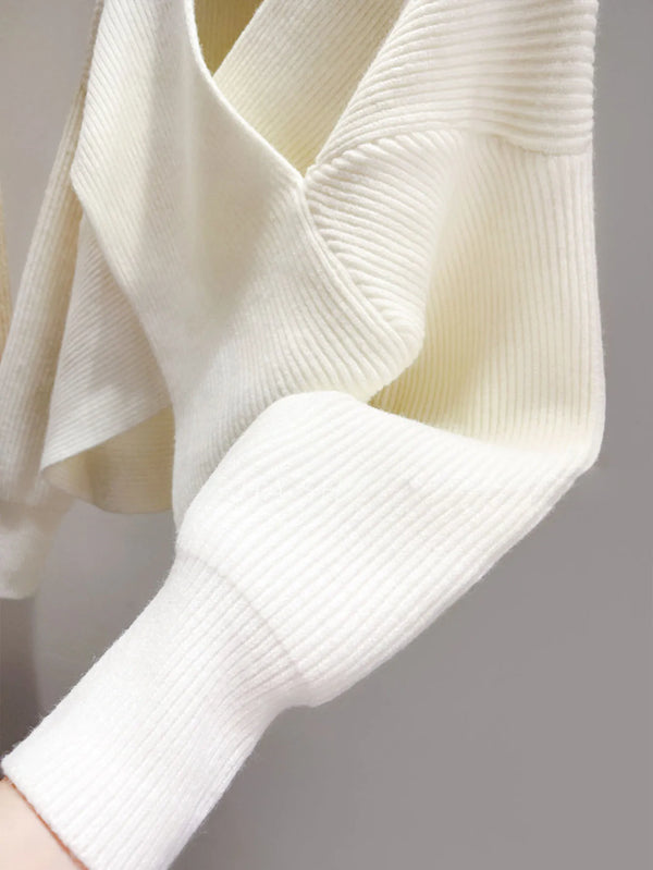 Korean Off-Shoulder Wrap Ribbed Knit Sweater NS632