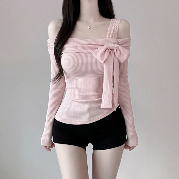 Korean Off-Shoulder Bowknot Long Sleeve Knit Sweater NS217
