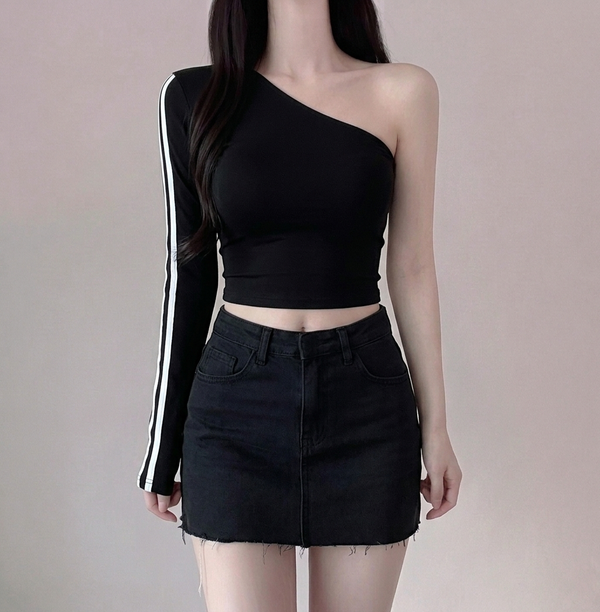 Korean Off-Shoulder Slim Crop Striped Long Sleeve Top NS302