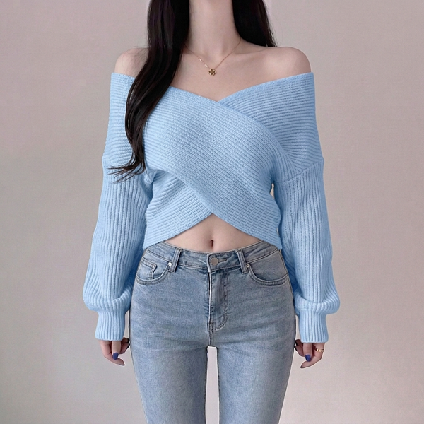 Korean Off-Shoulder Wrap Ribbed Knit Sweater NS632