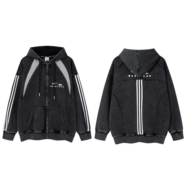 Black striped panel zip-up hoodie shown from front and back